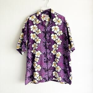 Hilo Hattie Barkcloth Hawaiian Shirt 2XL Purple White Floral Print Aloha Luau